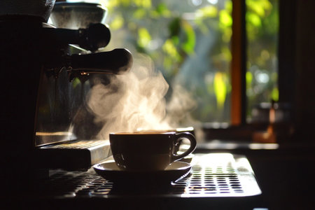 Cup of coffee with steam on the table in a cafe.の素材