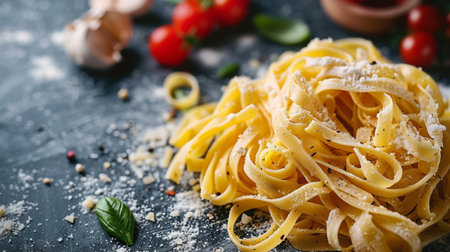 Tasty pasta with ingredients for cooking on dark table, closeupの素材