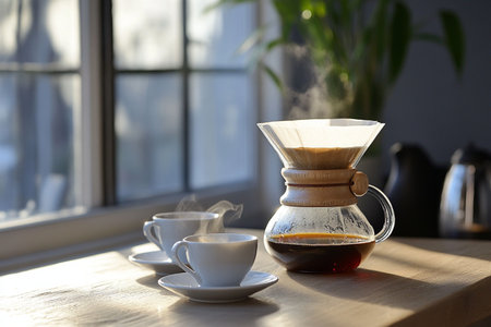 Coffee maker and cups on wooden table in cafe, closeupの素材