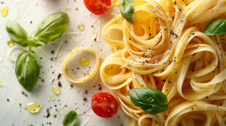 Delicious pasta with basil and tomatoes on white table, closeupの素材