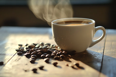 Coffee cup and coffee beans on wooden table in morning lightの素材