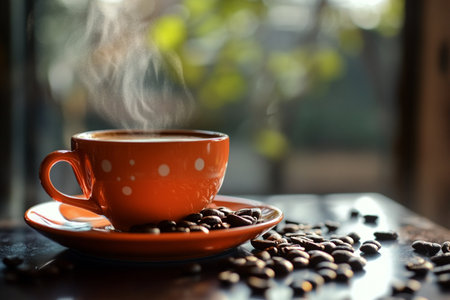 Coffee cup with coffee beans on wooden table in coffee shopの素材