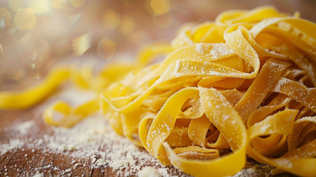 Tagliatelle pasta with flour on wooden table, closeupの素材