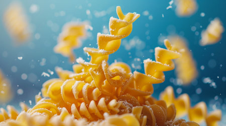 Macaroni falling into the air. Flying macaroni on blue backgroundの素材