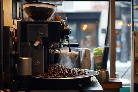 Coffee grinder with roasted coffee beans in a cafe.の素材