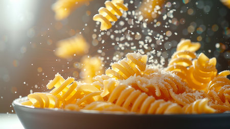 Fusilli pasta flying in the air with splashes of waterの素材