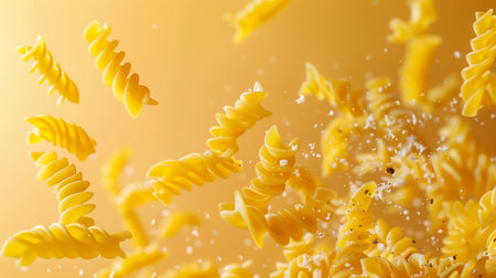 Fusilli pasta falling into the air with splashes on yellow backgroundの素材