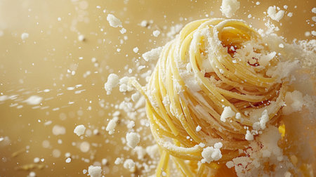 Spaghetti with flying flour on a yellow background. Close-upの素材