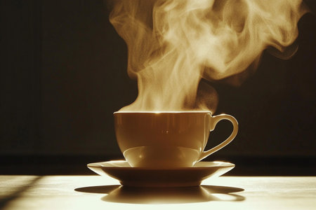 Coffee cup with steam on table in dark room, stock photoの素材