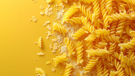 Raw pasta and flour on yellow background, top view. Space for textの素材