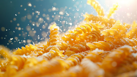Fusilli pasta with splashes of water on a blue backgroundの素材