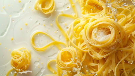 close up of fettuccine pasta with splashes of waterの素材