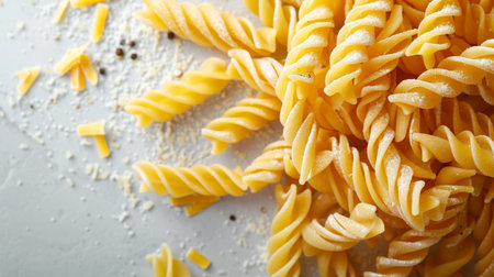 close up of uncooked fusilli pasta on white background.の素材