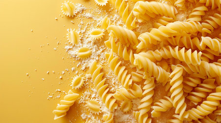 Raw pasta and flour on yellow background, top view. Food backgroundの素材
