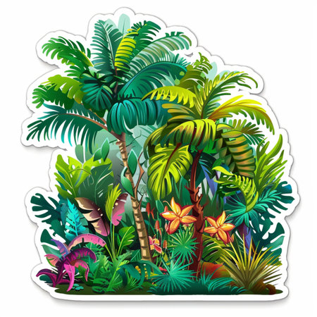 Tropical jungle background with palm trees and flowers. Vector illustrationの素材