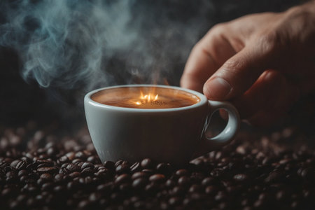Coffee cup with steam and coffee beans on dark background.の素材