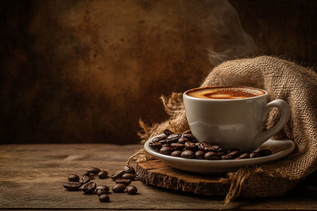 Coffee cup and coffee beans on wooden table, dark backgroundの素材