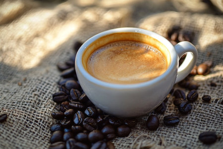 Coffee cup and coffee beans on sackcloth, stock photoの素材