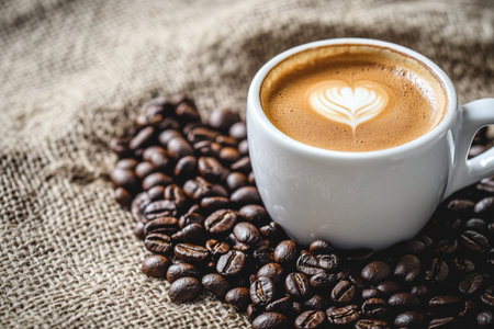 Coffee cup and coffee beans on sackcloth background - Vintage filterの素材