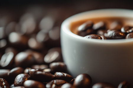 Coffee beans and a cup of coffee on a wooden backgroundの素材