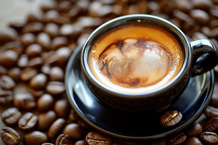 Coffee cup and coffee beans on wooden background. Close up.の素材