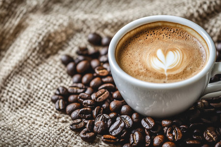 Coffee cup and coffee beans on sackcloth background with copy spaceの素材