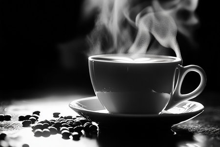 Coffee cup with smoke on wooden table in black and white tone.の素材