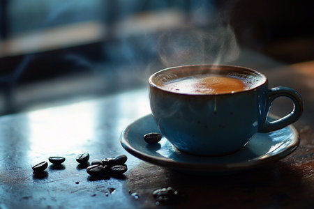 Coffee cup and coffee beans on wooden table, stock photoの素材