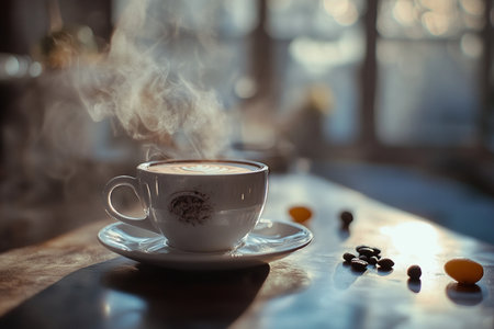 Coffee cup on wooden table in coffee shop, stock photoの素材