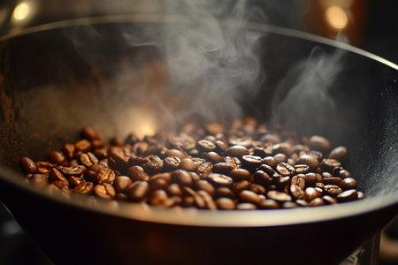 roasted coffee beans in a frying pan on a dark background.の素材