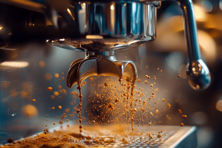 Espresso machine pouring coffee into a cup, close-upの素材