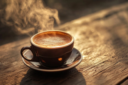Cup of coffee on a wooden table in the morning light.の素材