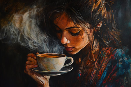 Portrait of a girl with a cup of coffee in her handsの素材
