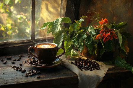 Cup of coffee with coffee beans on the windowsill. Still lifeの素材