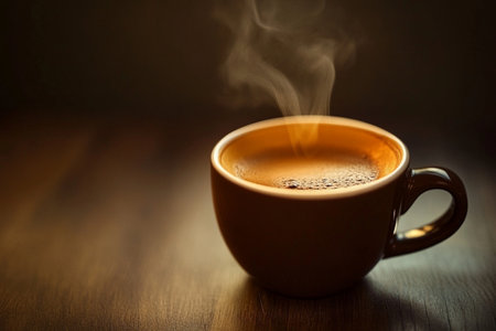 Cup of coffee with smoke on wooden table. Selective focus.の素材
