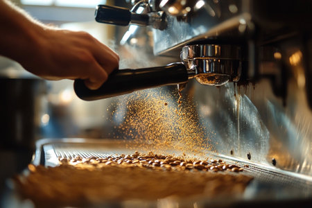 Barista pouring coffee beans into machine in coffee shop, closeupの素材