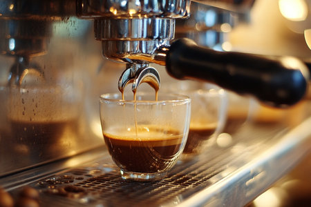 Espresso machine pouring coffee into a cup, close-upの素材