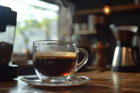 Cup of coffee with steam on table in cafe, closeupの素材