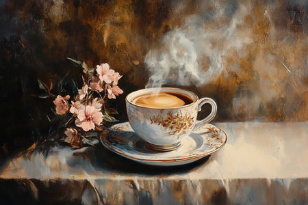 Cup of coffee on the background of a wooden wall with flowersの素材