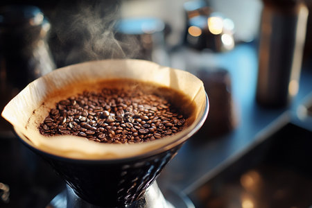 Coffee grinder with roasted coffee beans, close-upの素材
