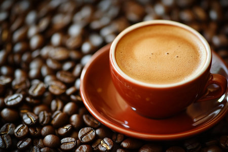 Coffee cup and coffee beans on dark background. Close up.の素材