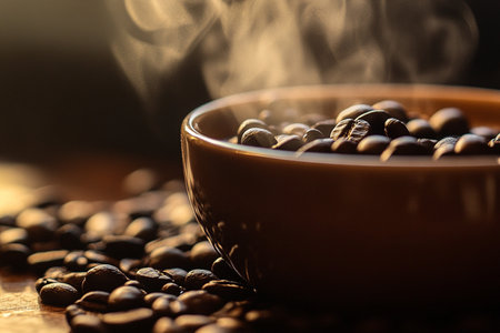 Coffee beans in a bowl on wooden table with smoke.の素材