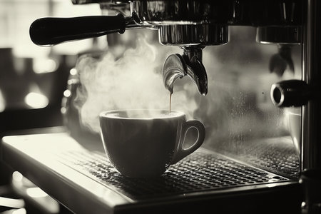 Coffee machine making a cup of coffee. Black and whiteの素材