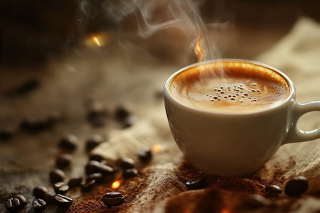 Coffee cup and coffee beans on wooden table, close upの素材