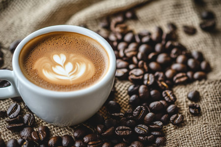 Coffee cup with latte art and coffee beans on sack backgroundの素材