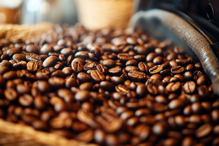 Coffee beans in a wicker basket on a wooden backgroundの素材