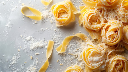 Raw tagliatelle pasta with flour on table, closeupの素材