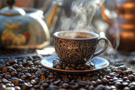 Coffee cup and coffee beans on the table. Coffee backgroundの素材