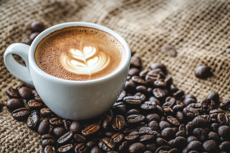 Coffee cup with latte art and coffee beans on sack backgroundの素材