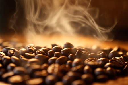 Coffee beans with smoke on wooden background. Selective focus.の素材